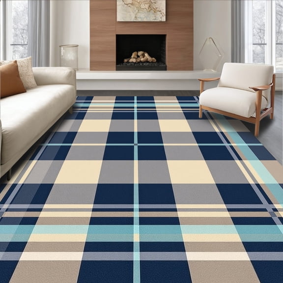 ODIKA 8'x10' Machine Washable Non-Slip Area Rug, Abstract Plaid Mosaic Featuring Muted Hues High Traffic Rug, Blue, 421557