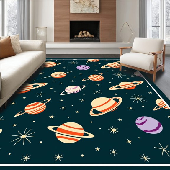 ODIKA 8'x10' Machine Washable Non-Slip Area Rug, Planetary Journey Displaying Cosmic Educational Artwork High Traffic Rug, Blue, 693240