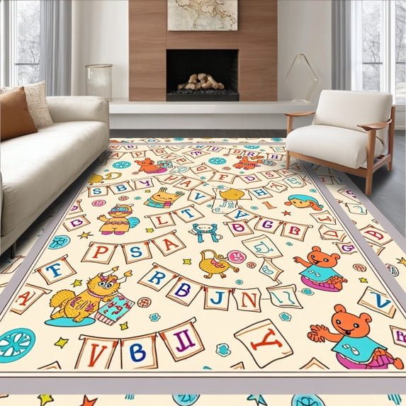 ODIKA 8x10 Machine Washable Non-Slip Area Rug, Playful Animal Friends with Alphabet Banners and Festive Confetti Accents High Traffic Rug with Pad, Red, 692651