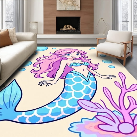 ODIKA 8'x10' Machine Washable Non-Slip Area Rug, Playful Cartoon Mermaid Design with Bubble Accents and Whimsical Details High Traffic Rug, Pink, 655707