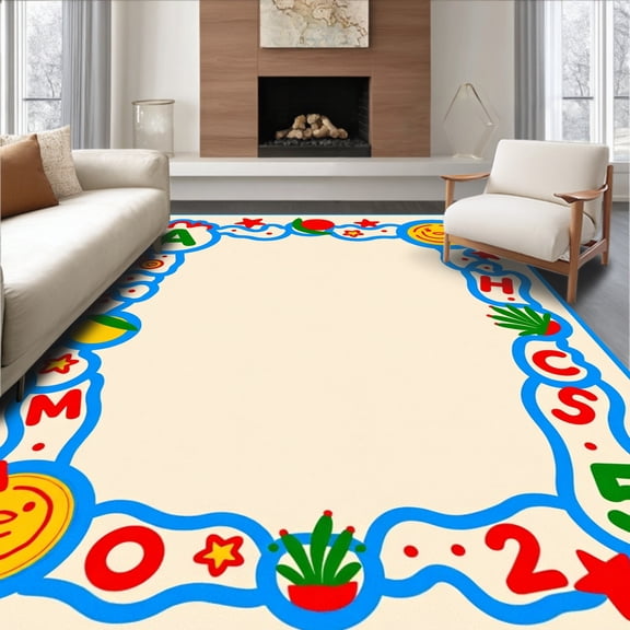 ODIKA 8'x10' Machine Washable Non-Slip Area Rug, Playful Early Development ABC Featuring Bright Numeric Symbols High Traffic Rug, Beige, 690161