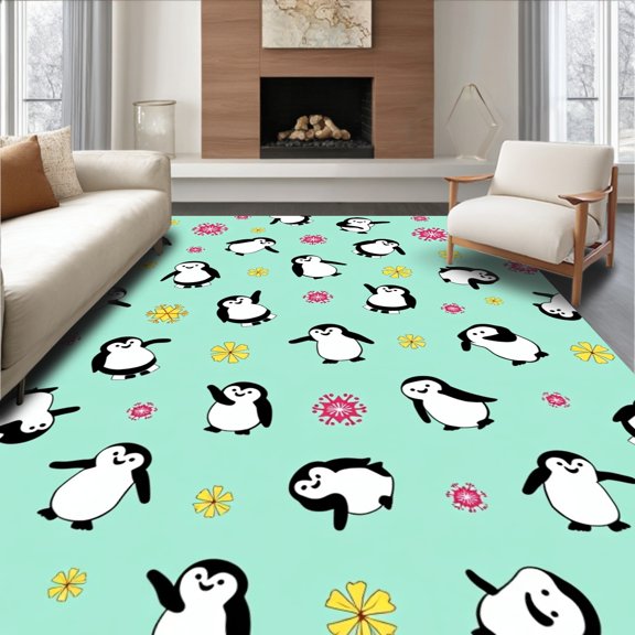 ODIKA 8'x10' Machine Washable Non-Slip Area Rug, Playful Penguin Friends with Whimsical Snowflake Motifs and Charming High Traffic Rug, Green, 726166