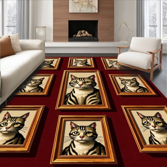 ODIKA 8'x10' Machine Washable Non-Slip Area Rug, Playful Tabby Cat Portrait Lighted Decorative Floor Covering High Traffic Rug, Red, 617217