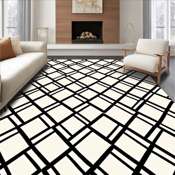 ODIKA 8'x10' Machine Washable Non-Slip Area Rug, Plush Lattice Aesthetic High Traffic Rug with Pad, Black, 580825
