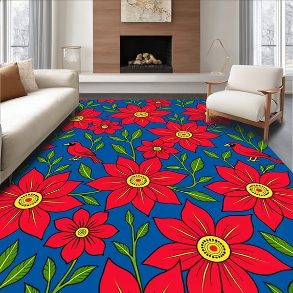ODIKA 8'x10' Machine Washable Non-Slip Area Rug, Poinsettia Bloom Cardinal Winter Garden Themed Floor Cover High Traffic Rug, Red, 733115