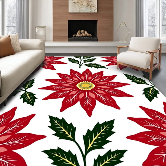 ODIKA 8'x10' Machine Washable Non-Slip Area Rug, Poinsettia Bloom Christmas Floor Pair High Traffic Rug, Red, 739315