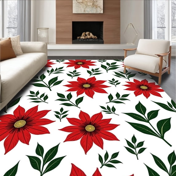 ODIKA 8'x10' Machine Washable Non-Slip Area Rug, Poinsettia Bloom Christmas with Golden Bell Details High Traffic Rug, Red, 733201
