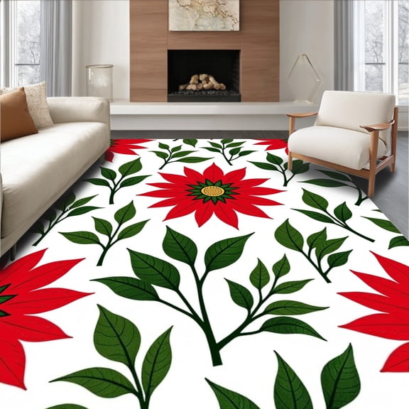 ODIKA 8'x10' Machine Washable Non-Slip Area Rug, Poinsettia Bloom Crochet Hook Kit Traditional Floral Project High Traffic Rug, Red, 644651