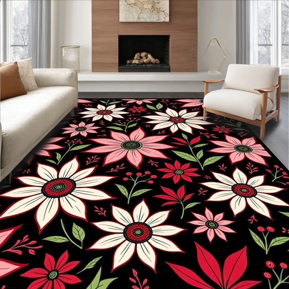 ODIKA 8'x10' Machine Washable Non-Slip Area Rug, Poinsettia Floral Print Entry for Seasonal Decoration High Traffic Rug, Black, 617001