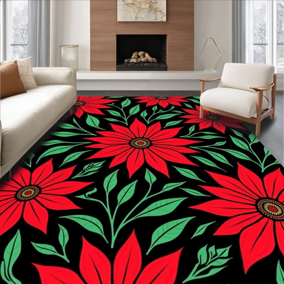 ODIKA 8'x10' Machine Washable Non-Slip Area Rug, Poinsettia Flower Latch Weaving Kit Holiday Embroidery High Traffic Rug with Pad, Red, 655121