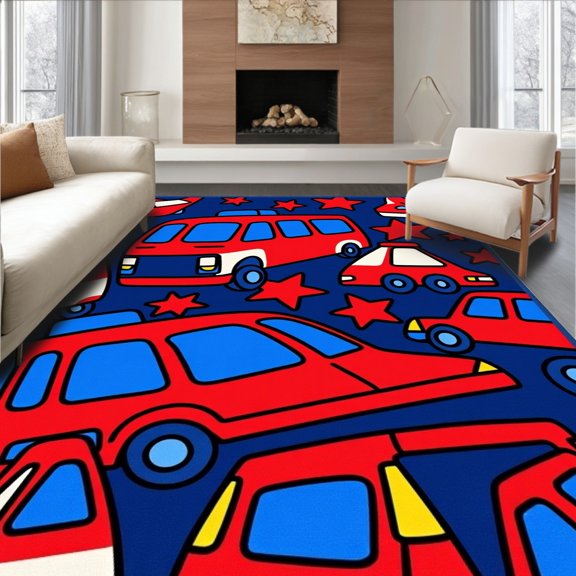 ODIKA 8x10 Machine Washable Non-Slip Area Rug, Police Patrol Vehicle Decorative Floor With Flashing Lights High Traffic Rug with Pad, Red, 580194