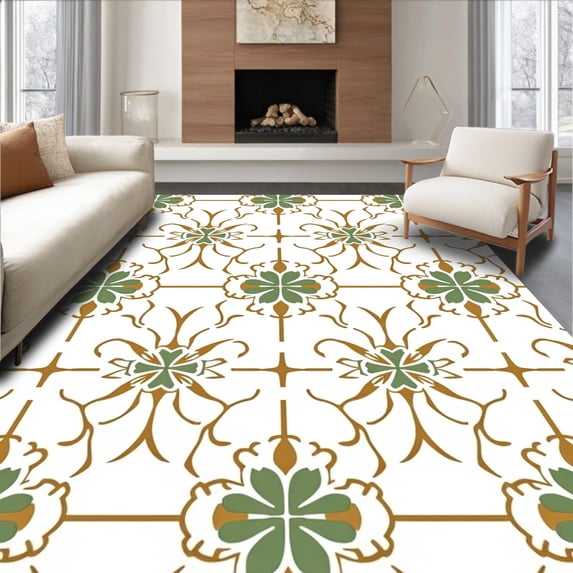 ODIKA 8'x10' Machine Washable Non-Slip Area Rug, Quatrefoil Trellis Network with Gothic Revival Inspiration High Traffic Rug with Pad, White, 561528