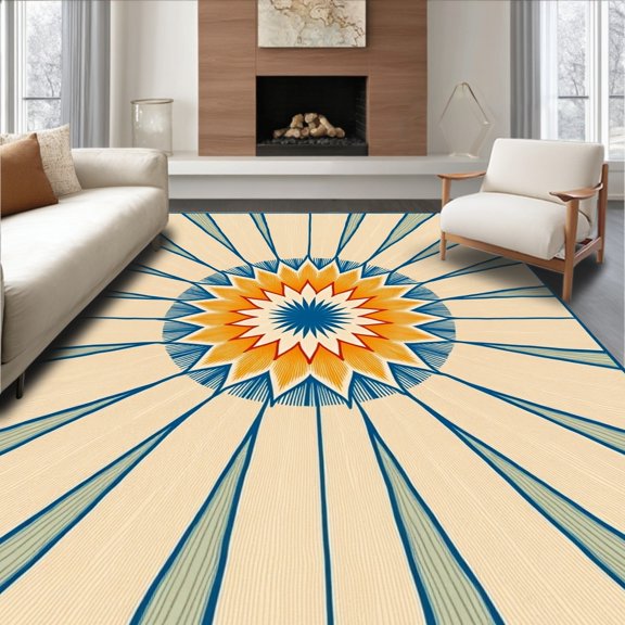 ODIKA 8x10 Machine Washable Non-Slip Area Rug, Radiating Starburst Sunburst Contemporary Burst Floor High Traffic Rug, Beige, 490641