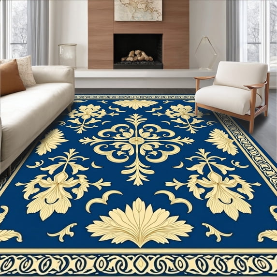 ODIKA 8'x10' Machine Washable Non-Slip Area Rug, Refined Damask with Ornamental Petal Detailing High Traffic Rug with Pad, Blue, 537401