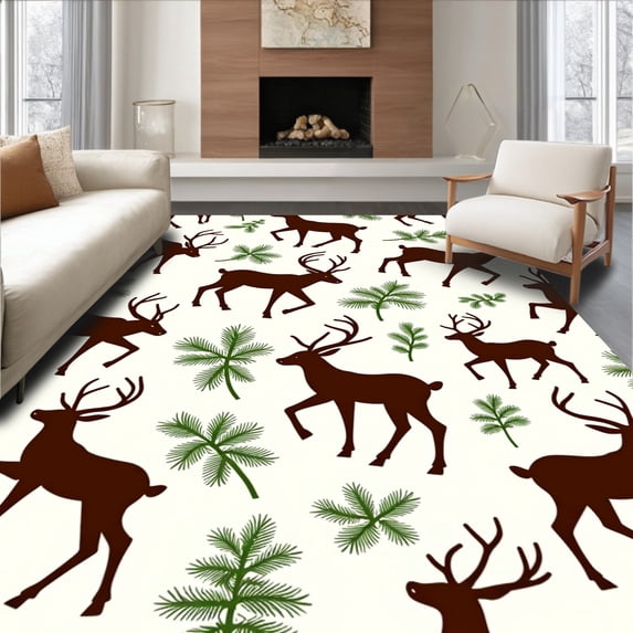 ODIKA 8'x10' Machine Washable Non-Slip Area Rug, Reindeer Entrance with Antler Branch Details High Traffic Rug, Brown, 737644