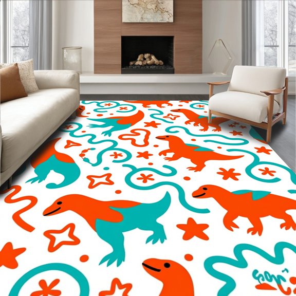 ODIKA 8'x10' Machine Washable Non-Slip Area Rug, Retro Cartoon Dinosaur Collage with Abstract Festive Ornament High Traffic Rug, Orange, 635522