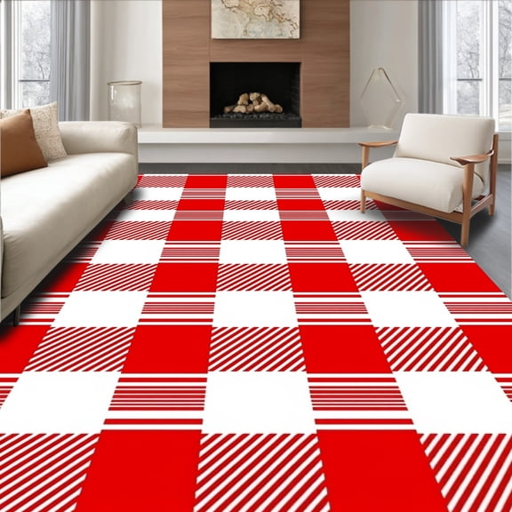 ODIKA 8'x10' Machine Washable Non-Slip Area Rug, Retro Checkered with Contrasting Lines and Wide Bold Plaid High Traffic Rug, Red, 638889