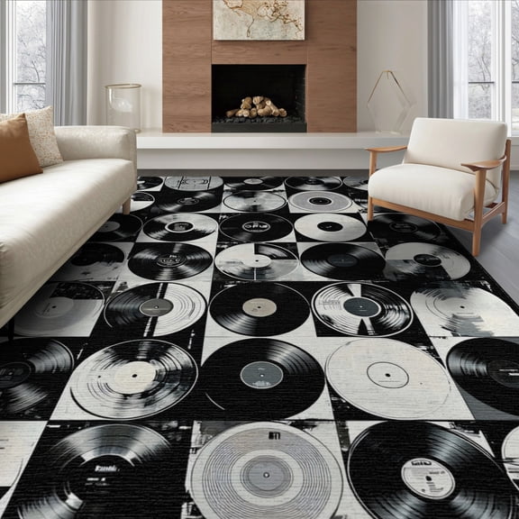 ODIKA 8'x10' Vinyl Record Inspired With Classic Rock Band Graphics Washable Area Rug Durable, Non-Slip for Living Room, Under Sectional, Family