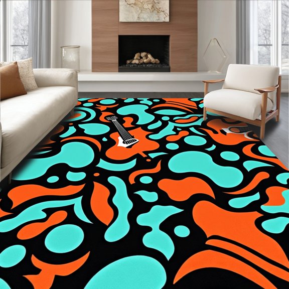 ODIKA 8'x10' Machine Washable Non-Slip Area Rug, Retro Melody Featuring Abstract Guitar High Traffic Rug, Black, 646757