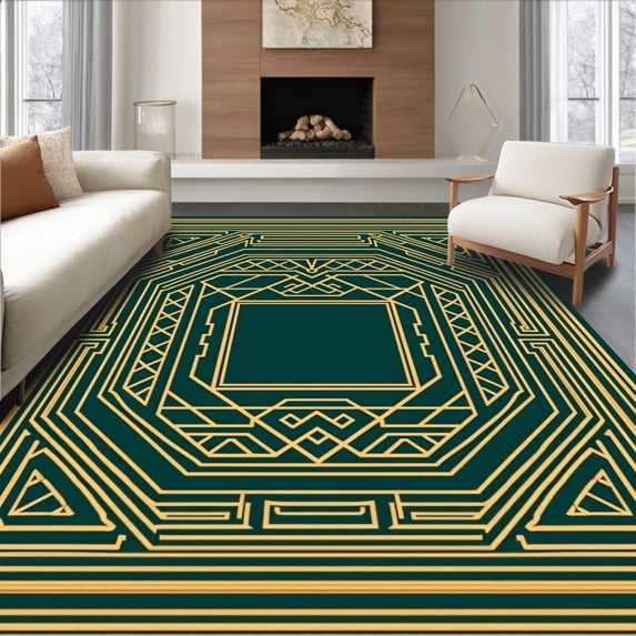 ODIKA 8'x10' Machine Washable Non-Slip Area Rug, Retro Motif Interlocking Patterned Lines High Traffic Rug with Pad, Green, 538472