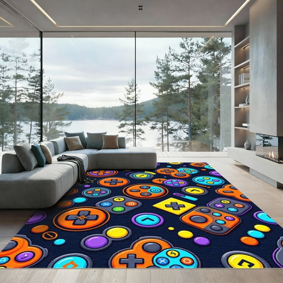 ODIKA 8'x10' Machine Washable Non-Slip Area Rug, Retro Orange High Traffic Rug, Blue, 1008931
