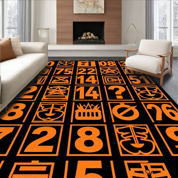 ODIKA 8'x10' Machine Washable Non-Slip Area Rug, Retro Scoreboard Numbers Grid Athletic Fan Decorative High Traffic Rug, Orange, 670008