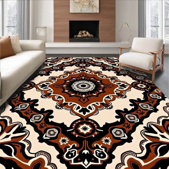ODIKA 8'x10' Machine Washable Non-Slip Area Rug, Reversible Medallion with Intricate Floral Motifs High Traffic Rug with Pad, Brown, 710494