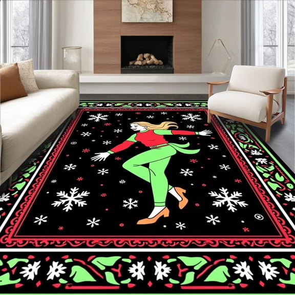 ODIKA 8'x10' Machine Washable Non-Slip Area Rug, Rhythmic Ballerina Festive Holiday Embroidery Design High Traffic Rug, Black, 645863