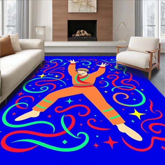 ODIKA 8'x10' Machine Washable Non-Slip Area Rug, Rhythmic Performer Stitch Canvas Holiday Decoration High Traffic Rug, Blue, 645912