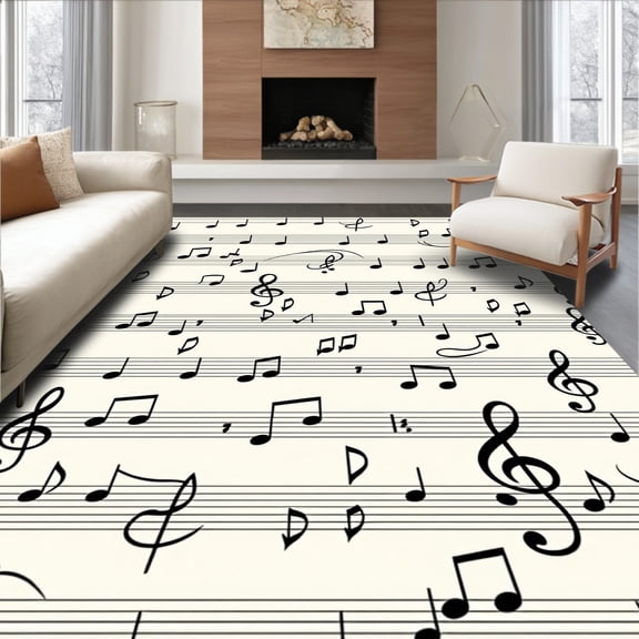 ODIKA 8'x10' Machine Washable Non-Slip Area Rug, Rhythmic Score Crochet Canvas Festive Handicraft High Traffic Rug, Ivory, 642612