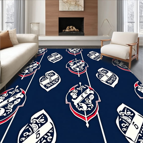 ODIKA 8'x10' Machine Washable Non-Slip Area Rug, Roaring Crest Heraldic with Stylized Lion Motifs and Bold Stripes High Traffic Rug, Blue, 669496