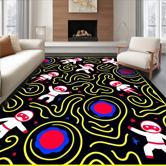 ODIKA 8'x10' Machine Washable Non-Slip Area Rug, Rocket Launch Astronaut Mission Control Universe Discovery High Traffic Rug, Black, 723721