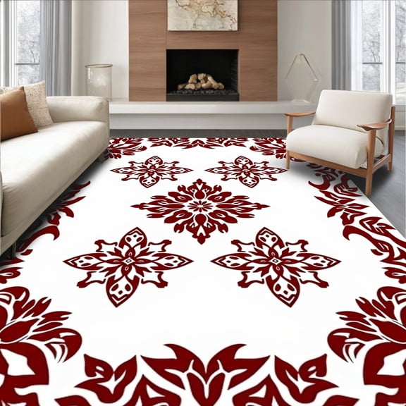 ODIKA 8'x10' Machine Washable Non-Slip Area Rug, Ruby Bloom with Repeating Floral Interlocking Petals High Traffic Rug, Red, 551854