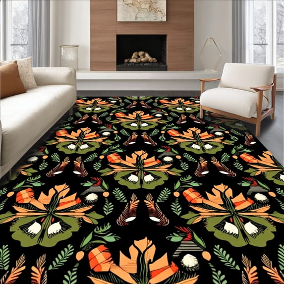 ODIKA 8'x10' Machine Washable Non-Slip Area Rug, Rustic Campfire Trail with Vintage Plaid Accents and Nature Motifs High Traffic Rug, Black, 710854