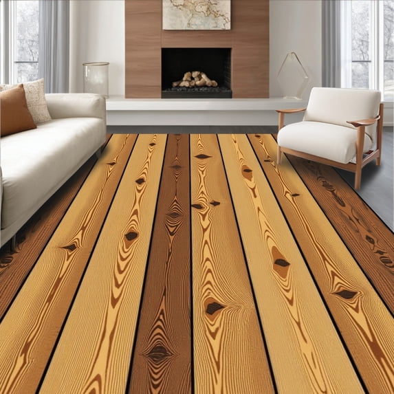 ODIKA 8'x10' Machine Washable Non-Slip Area Rug, Rustic Farmhouse Barn Wood Plank Style Floor Brown High Traffic Rug with Pad, Brown, 613916