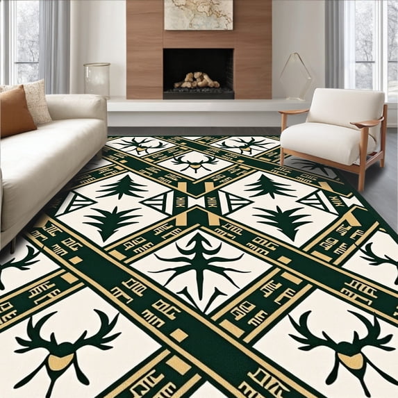 ODIKA 8'x10' Machine Washable Non-Slip Area Rug, Rustic Holiday Antler Tartan Interlocking Festive High Traffic Rug with Pad, Green, 623105
