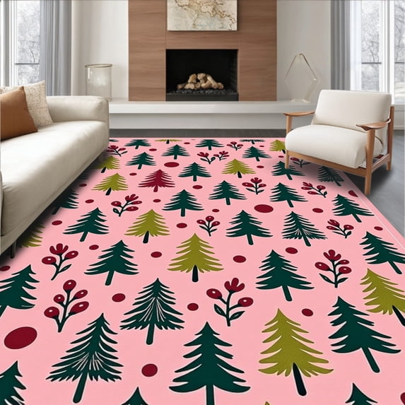 ODIKA 8'x10' Machine Washable Non-Slip Area Rug, Rustic Holiday Pine with Stylized Berry Sprigs and Festival Ornaments High Traffic Rug with Pad, Pink, 653183