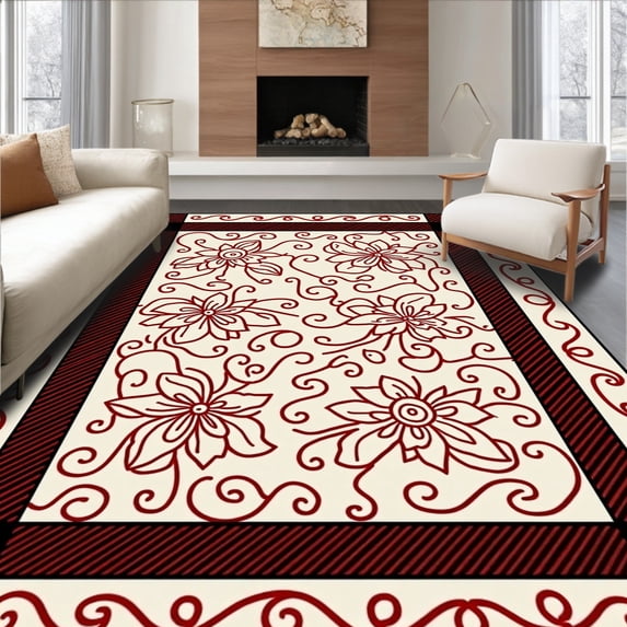 ODIKA 8'x10' Machine Washable Non-Slip Area Rug, Rustic Holiday Plaid with Cane Stripe High Traffic Rug with Pad, Red, 627562