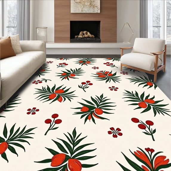 ODIKA 8'x10' Machine Washable Non-Slip Area Rug, Rustic Pinecone Berry Hearth Decoration Seasonal Gift Selection High Traffic Rug, Ivory, 732224