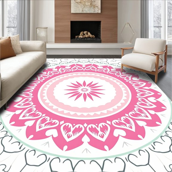 ODIKA 8'x10' Machine Washable Non-Slip Area Rug, Lotus Petal Indoor Symbol Design High Traffic Rug, Pink, 475221