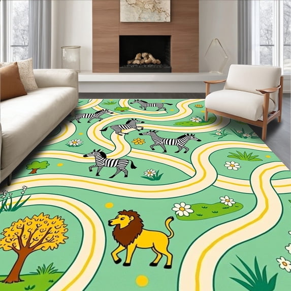 ODIKA 8'x10' Machine Washable Non-Slip Area Rug, Safari Animal Parade Interlocking Roads and Meadow Motifs High Traffic Rug, Green, 685164