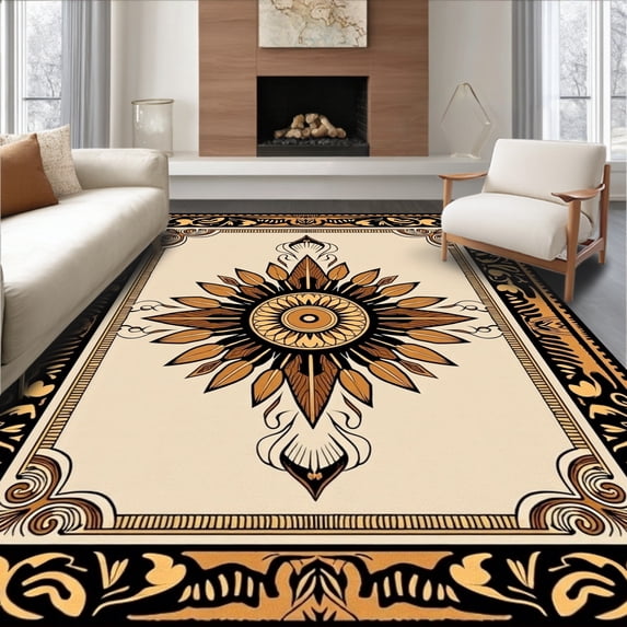 ODIKA 8'x10' Machine Washable Non-Slip Area Rug, Safari Animal Crochet Kit Featuring Detailed Embroidery High Traffic Rug, Beige, 633004