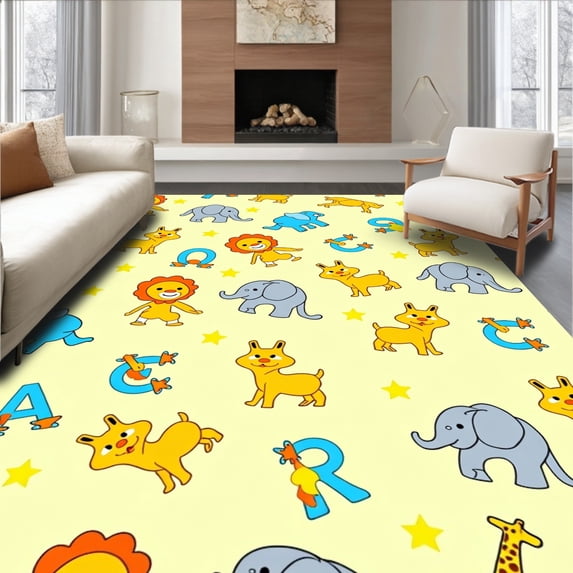 ODIKA 8'x10' Machine Washable Non-Slip Area Rug, Safari Friends ABC Adventure with Playful Creatures High Traffic Rug, Yellow, 698360
