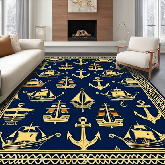 ODIKA 8x10 Machine Washable Non-Slip Area Rug, Sailing Ship Anchor Maritime Heritage Theme Bath Covering High Traffic Rug, Navy, 679627