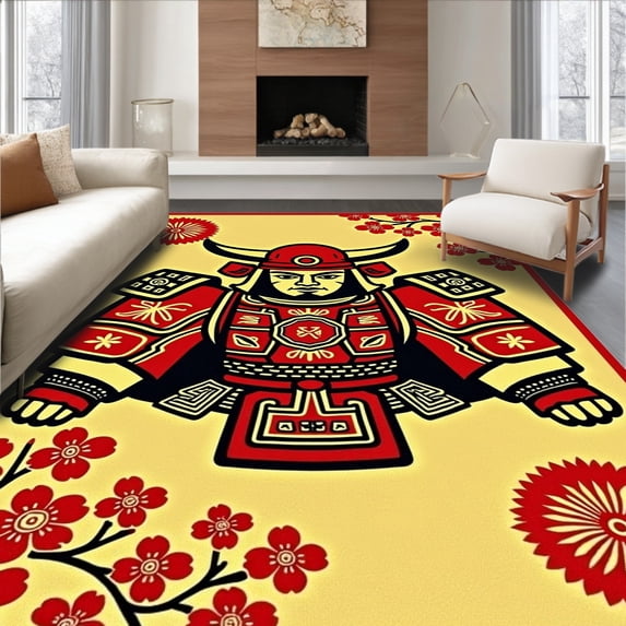 ODIKA 8'x10' Machine Washable Non-Slip Area Rug, Samurai Warrior Crest Design Anti Slip with Traditional Motifs High Traffic Rug, Red, 655543