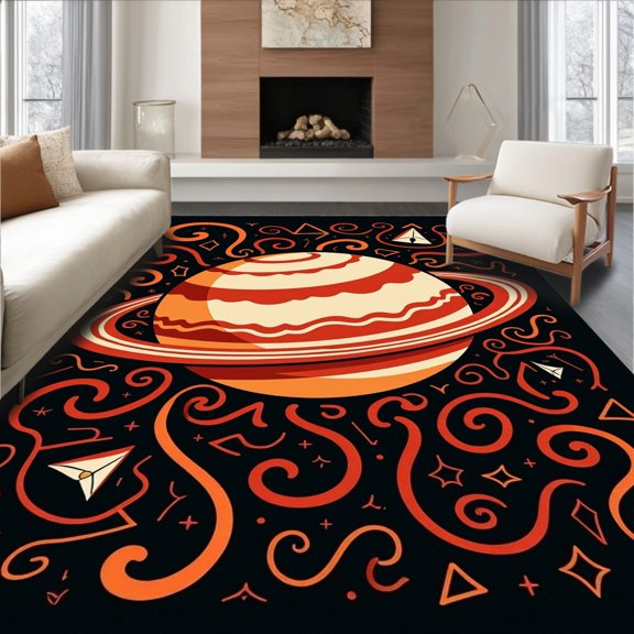 ODIKA 8x10 Machine Washable Non-Slip Area Rug, Saturn Ring System Astronomy Jupiter Storm Project High Traffic Rug, Black, 649305