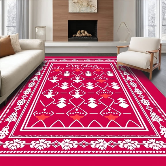 ODIKA 8'x10' Machine Washable Non-Slip Area Rug, Scandi Holiday Interlocking Plaid with Stylized Evergreen Motifs High Traffic Rug, Red, 638884