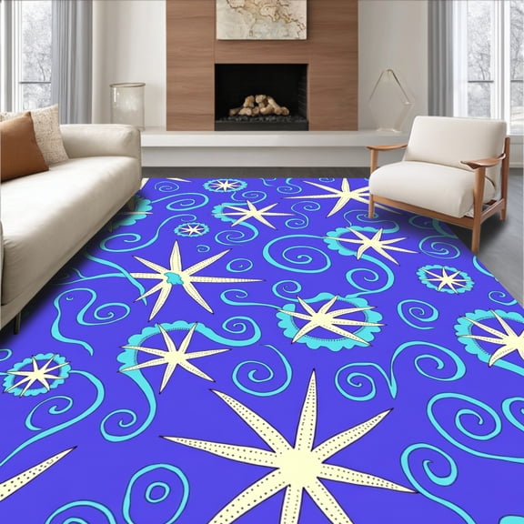 ODIKA 8'x10' Machine Washable Non-Slip Area Rug, Seashell Cascade with Floating Starfish Artistic High Traffic Rug, Blue, 618804
