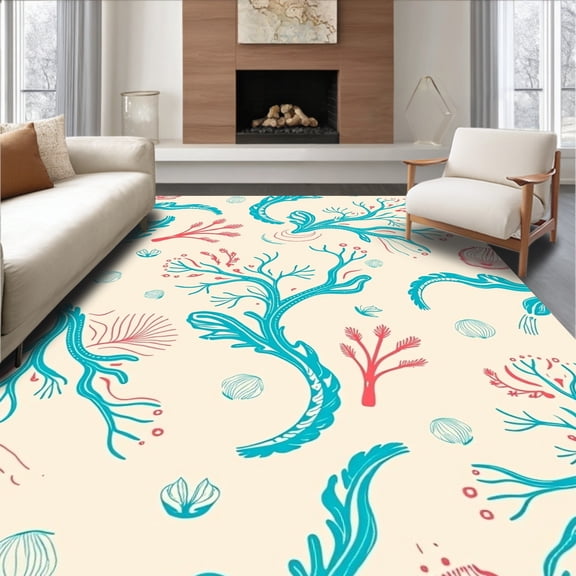 ODIKA 8'x10' Machine Washable Non-Slip Area Rug, Seashore Serenity with Scattered Shells and Stylized Ocean Waves High Traffic Rug, Beige, 716489
