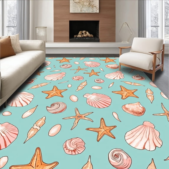 ODIKA 8'x10' Machine Washable Non-Slip Area Rug, Seaside Discovery Latch Hook Handicraft Maritime Artisan Project High Traffic Rug, Pink, 619162